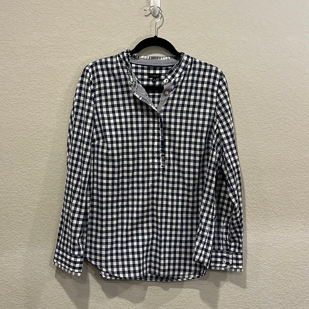 Talbots. Medium. Blue and white checked blouse. Excellent condition